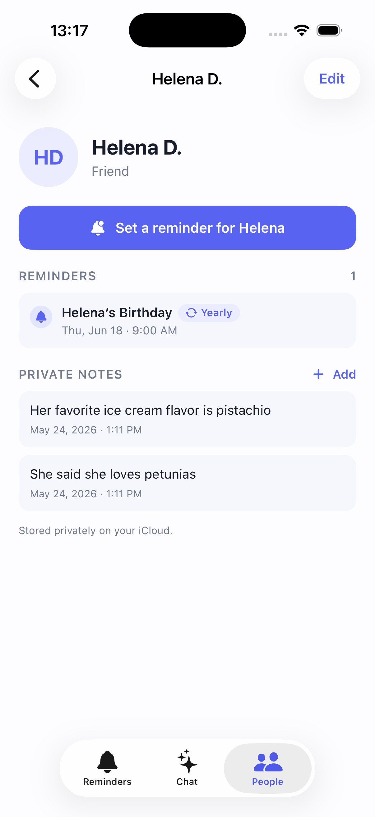 Person detail with reminders and notes